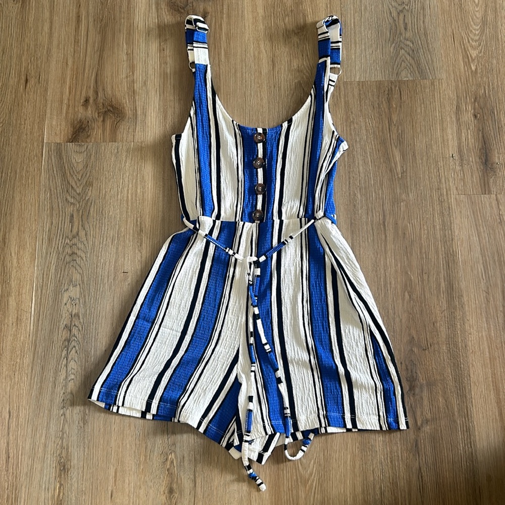 Anthropologie blue, white & black striped shorts romper w adjustable stripes